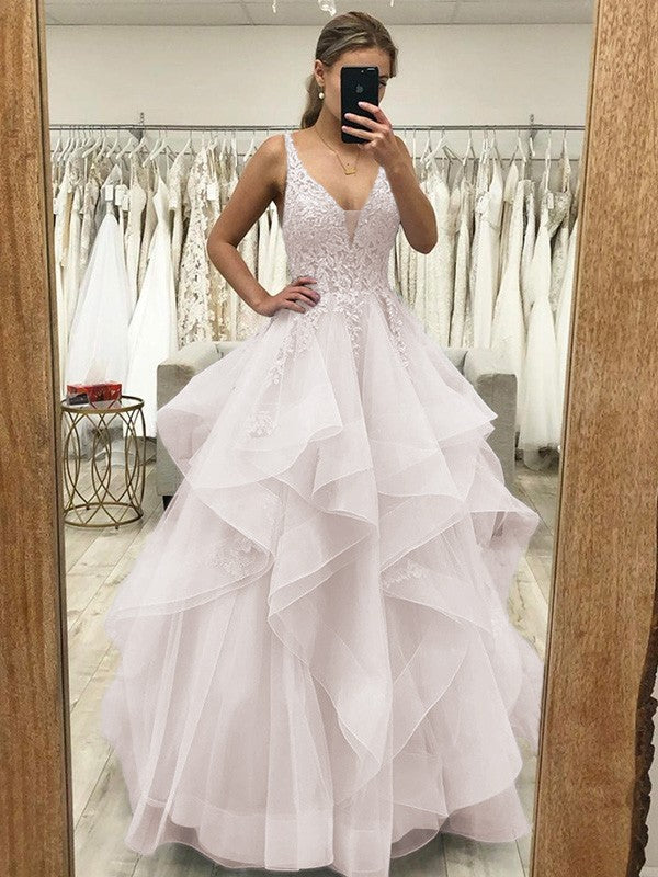 A-Line/Princess Tulle Applique V-neck Sleeveless Floor-Length Dresses