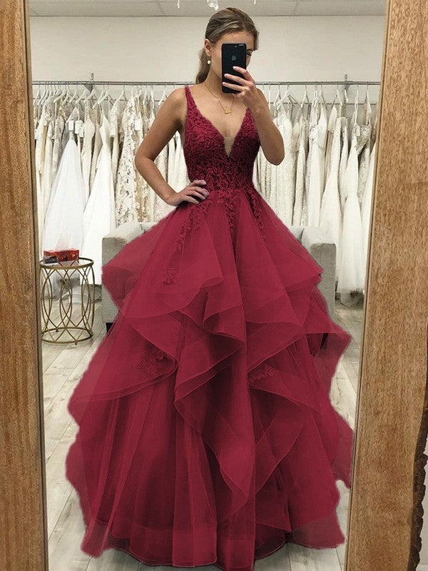 A-Line/Princess Tulle Applique V-neck Sleeveless Floor-Length Dresses