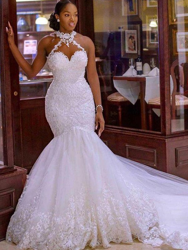 Trumpet/Mermaid Tulle Lace Halter Sleeveless Sweep/Brush Train Wedding Dresses