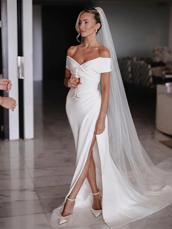 Sheath/Column Stretch Crepe Ruched Off-the-Shoulder Sleeveless Chapel Train Wedding Dresses