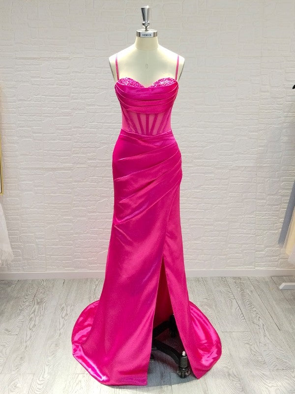 Sheath/Column Elastic Woven Satin Ruched Spaghetti Straps Sleeveless Sweep/Brush Train Dresses