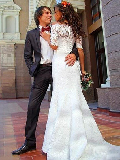 Trumpet/Mermaid Off-the-Shoulder 1/2 Sleeves Lace Court Train Wedding Dresses