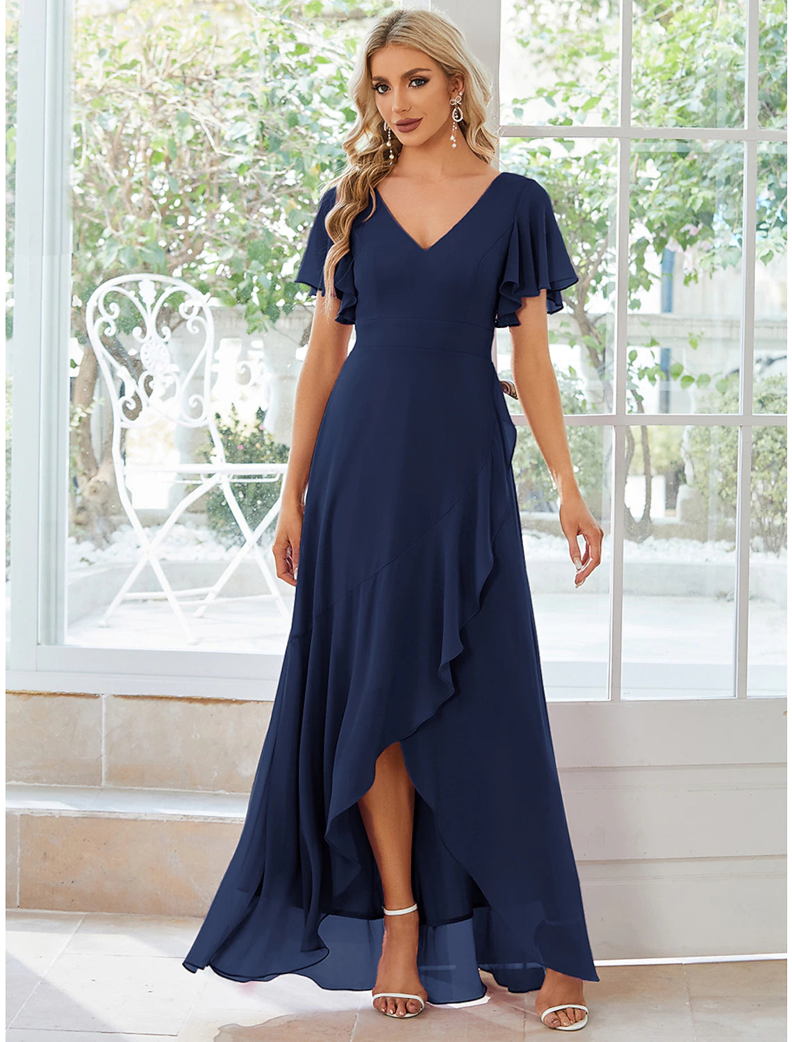 A-Line Wedding Guest Dresses Casual Dress Party Dress Wedding Party Asymmetrical Short Sleeve V Neck Bridesmaid Dress Chiffon with Ruffles