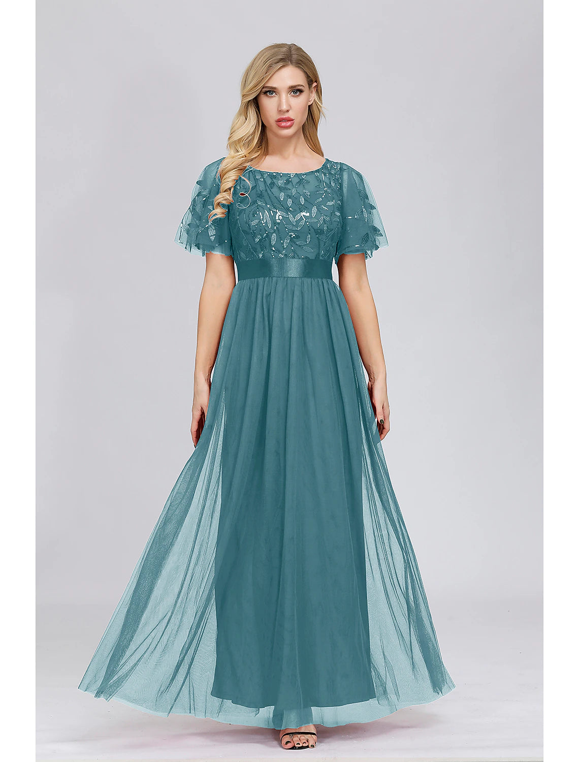 A-Line Empire Elegant Party Wear Prom Dress Jewel Neck Short Sleeve Floor Length Tulle with Embroidery