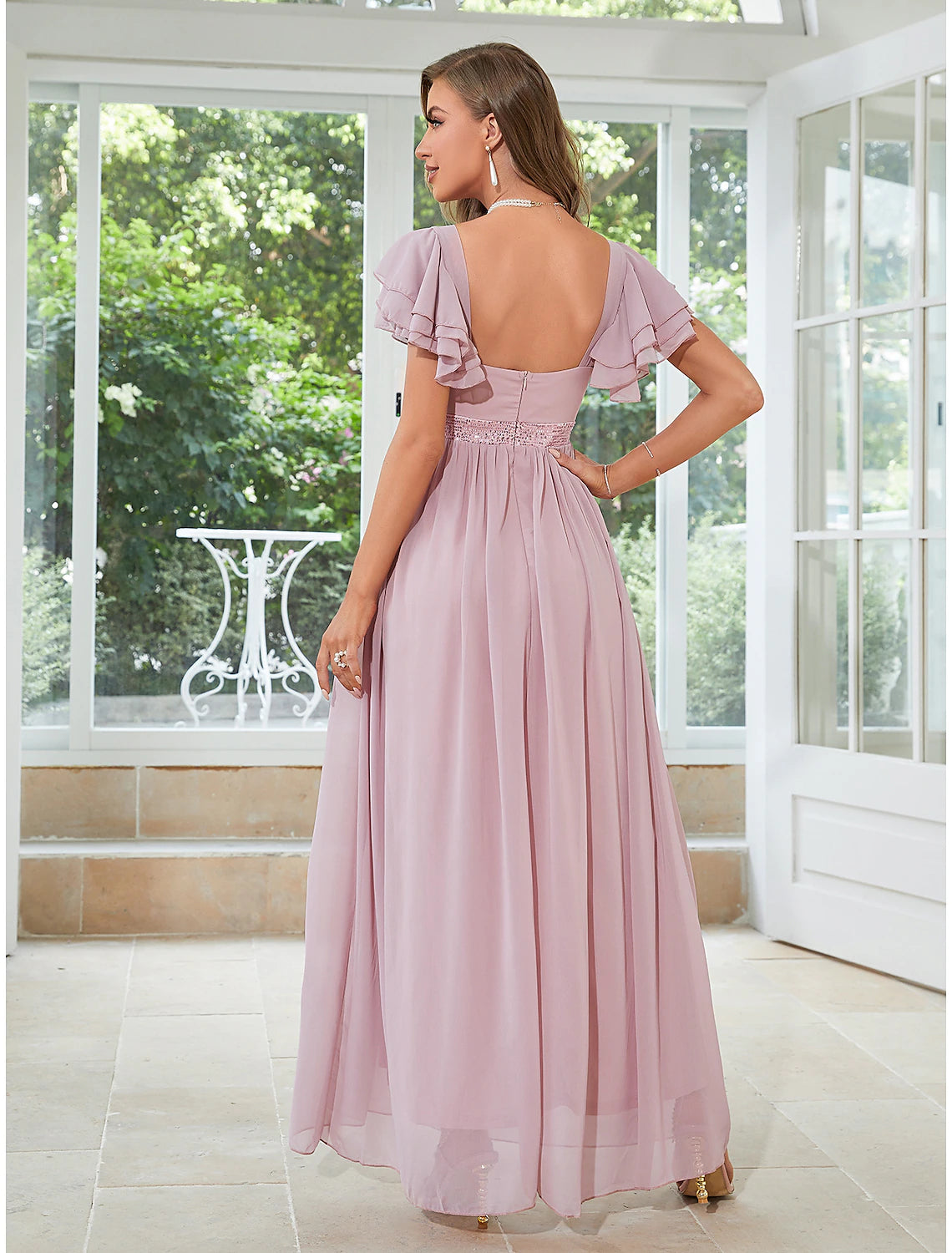 A-Line Wedding Guest Dresses Elegant Dress Party Wear Wedding Party Floor Length Short Sleeve Square Neck Chiffon with Ruffles