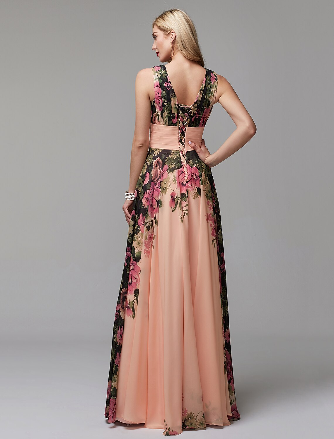 A-Line Floral Dress Holiday Wedding Guest Floor Length Sleeveless V Neck Bridesmaid Dress Chiffon with Pattern / Print