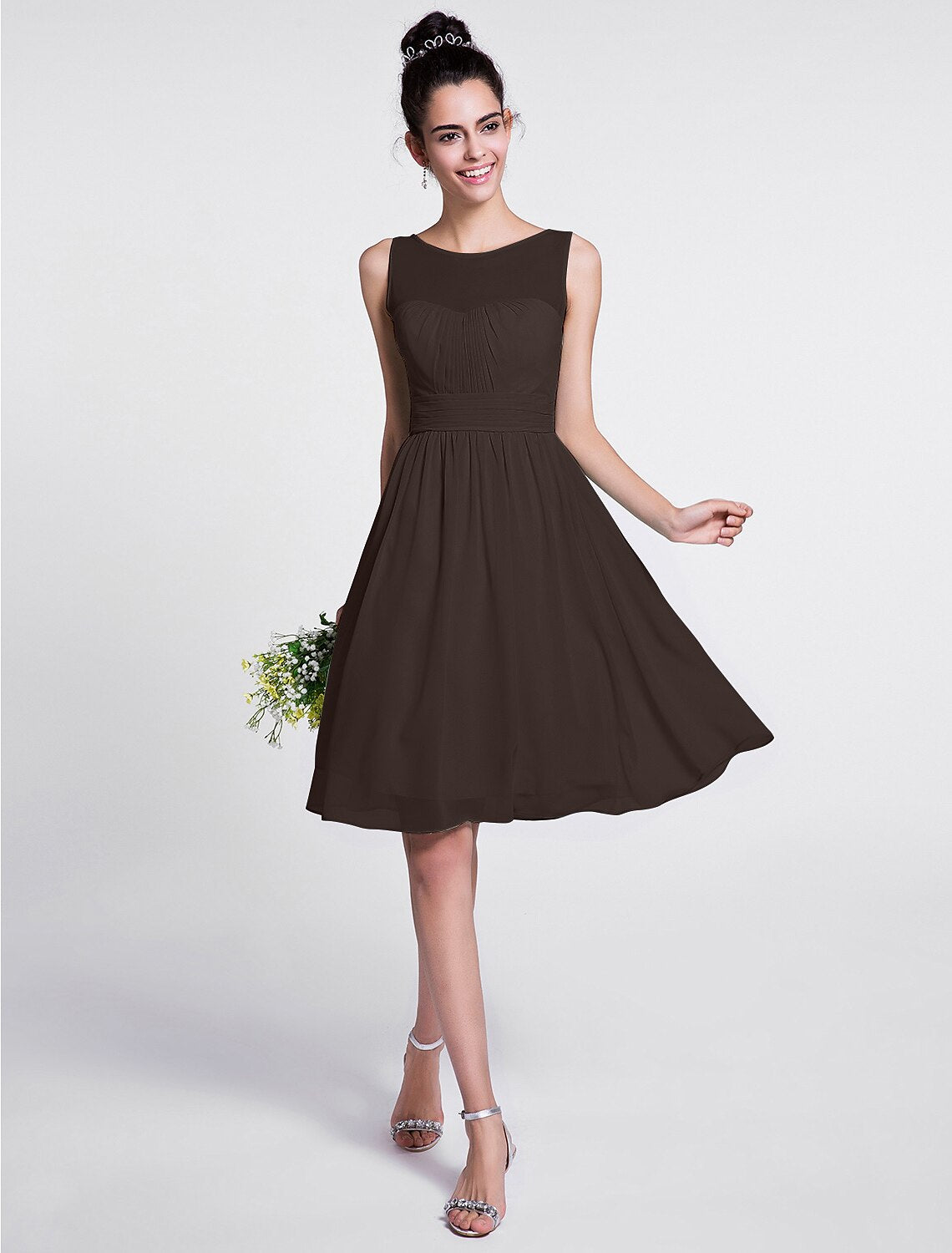 A-Line Bridesmaid Dress Scoop Neck Sleeveless Knee Length Chiffon with Ruched / Draping