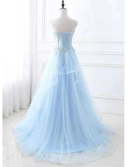 A-Line Sexy Floral Engagement Prom Birthday Dress Strapless Sleeveless Sweep / Brush Train Lace with Pleats Lace