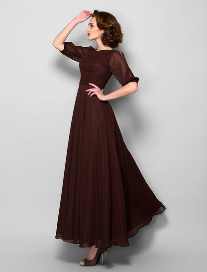 A-Line Mother of the Bride Dress Elegant Jewel Neck Ankle Length Chiffon Half Sleeve with Sash / Ribbon Ruched