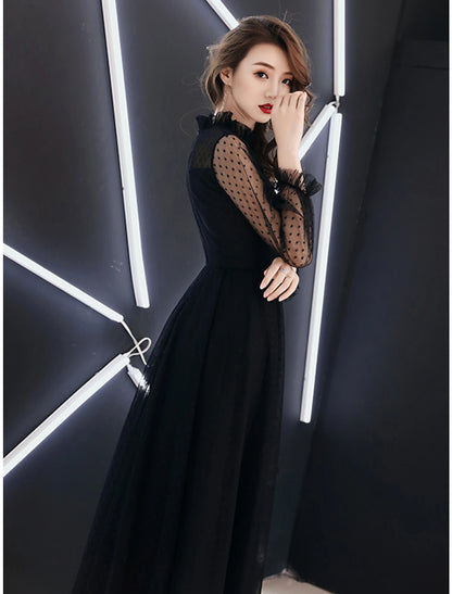 A-Line Black Dress Elegant Party Wear Prom Dress High Neck Long Sleeve Floor Length Lace with Ruffles