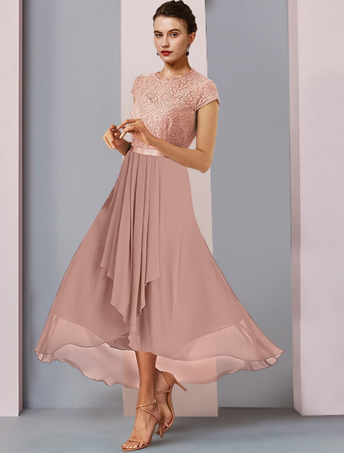 A-Line Mother of the Bride Dress Formal Wedding Guest Elegant High Low Scoop Neck Asymmetrical Tea Length Chiffon Lace Short Sleeve with Pleats