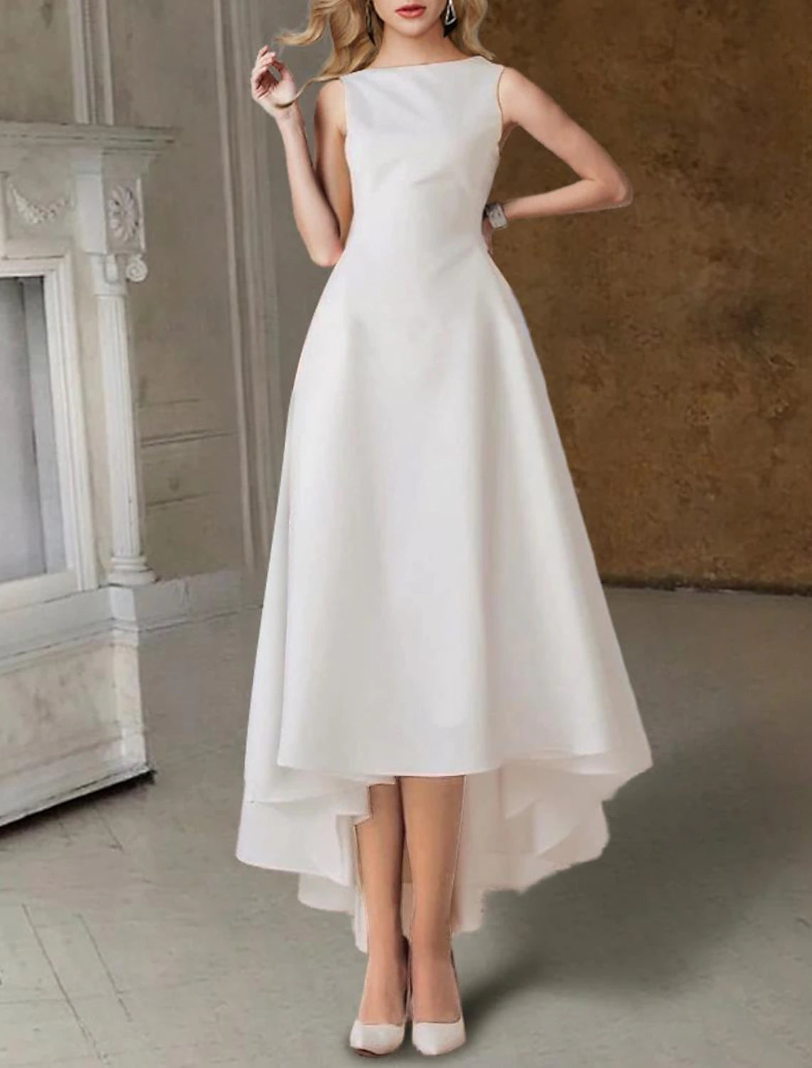 Hall Little White Dresses Wedding Dresses A-Line Scoop Neck Sleeveless Tea Length Satin Bridal Gowns With Pleats