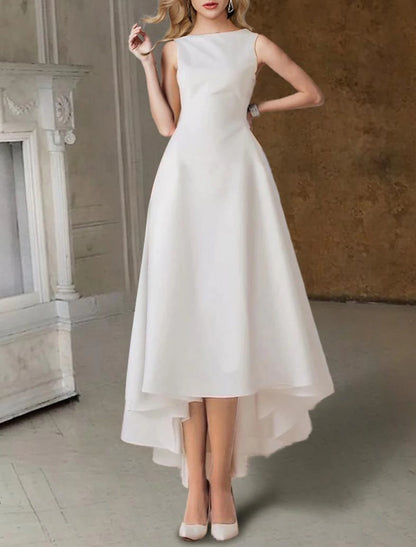 Hall Little White Dresses Wedding Dresses A-Line Scoop Neck Sleeveless Tea Length Satin Bridal Gowns With Pleats