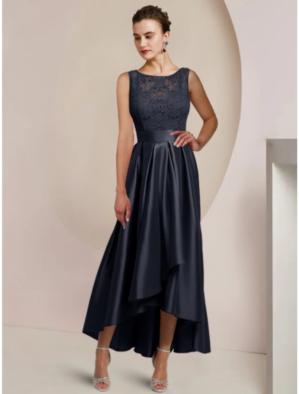 Sheath / Column Mother of the Bride Dress Wedding Guest Minimalist Elegant Scoop Neck Asymmetrical Ankle Length Satin Lace Half Sleeve with Pleats Solid