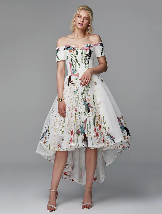 Ball Gown Cute Dress Wedding Guest Cocktail Party Asymmetrical Short Sleeve Off Shoulder Polyester with Embroidery