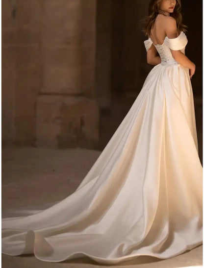 Formal Wedding Dresses Mermaid / Trumpet Off Shoulder Sleeveless Court Train Satin Bridal Gowns With Pleats Solid Color