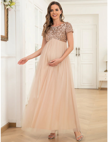 A-Line Party Dresses Maternity Dress Party Wear Wedding Guest Ankle Length Short Sleeve Jewel Neck Tulle with Sequin