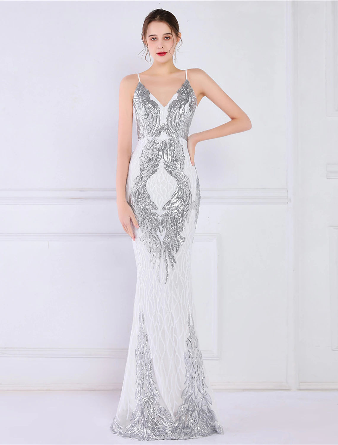 Mermaid / Trumpet Evening Gown Sparkle & Shine Dress Formal Wedding Guest Floor Length Sleeveless Spaghetti Strap Sequined with Sequin