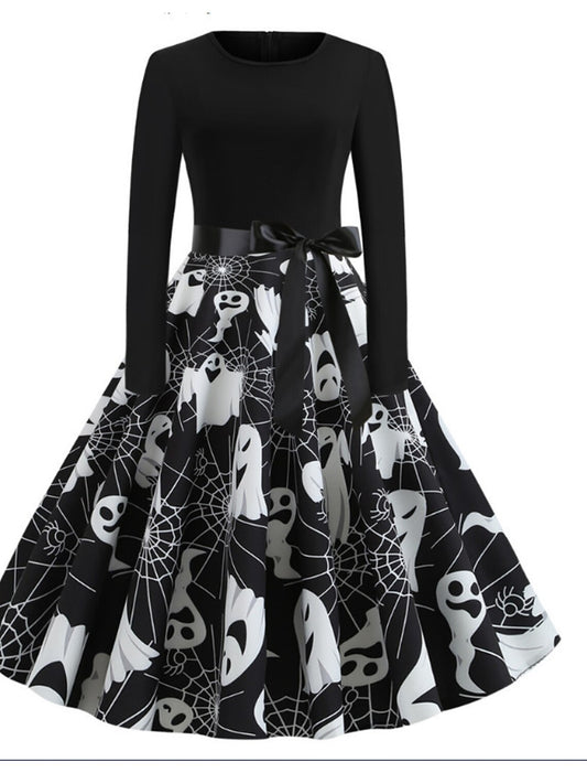 A-Line Party Dresses Vintage Dress Halloween Knee Length Long Sleeve Jewel Neck Polyester with Bow(s) Print