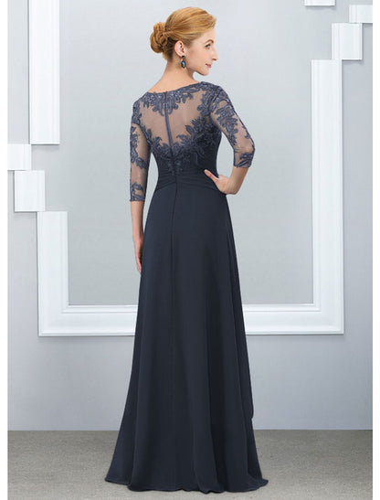 A-Line Mother of the Bride Dress Elegant Jewel Neck Floor Length Chiffon Lace Half Sleeve with Ruffles Appliques