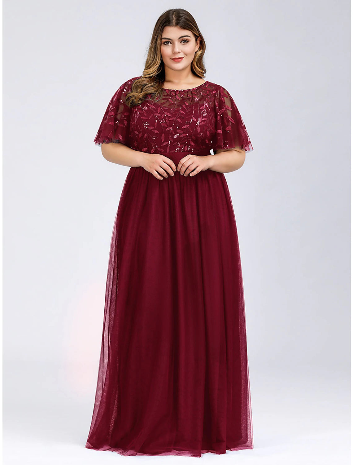 A-Line Prom Dresses Plus Size Dress Wedding Guest Prom Floor Length Short Sleeve Jewel Neck Bridesmaid Dress Chiffon with Appliques