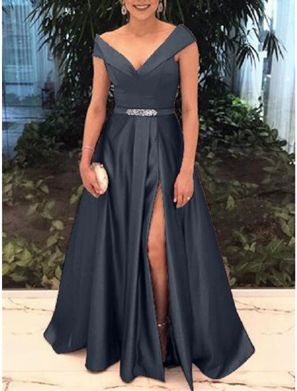 A-Line Elegant Prom Formal Evening Valentine's Day Dress Off Shoulder Short Sleeve Sweep / Brush Train Satin with Split Front