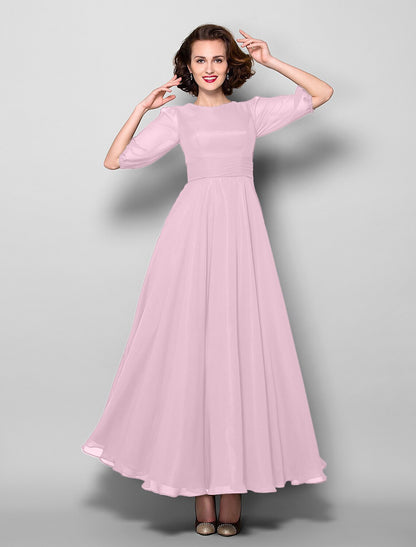 A-Line Mother of the Bride Dress Elegant Jewel Neck Ankle Length Chiffon Half Sleeve with Sash / Ribbon Ruched