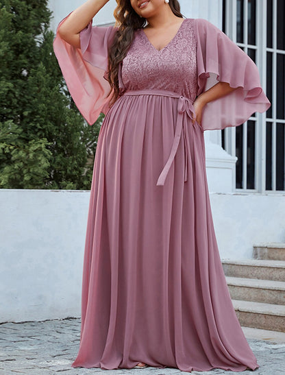 A-Line Mother of the Bride Dress Plus Size Elegant V Neck Floor Length Chiffon Tulle Half Sleeve with Sash / Ribbon