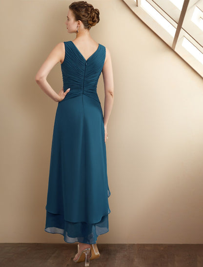 A-Line Mother of the Bride Dress Elegant High Low V Neck Asymmetrical Tea Length Chiffon Sleeveless Wrap Included with Beading Cascading Ruffles Side-Draped