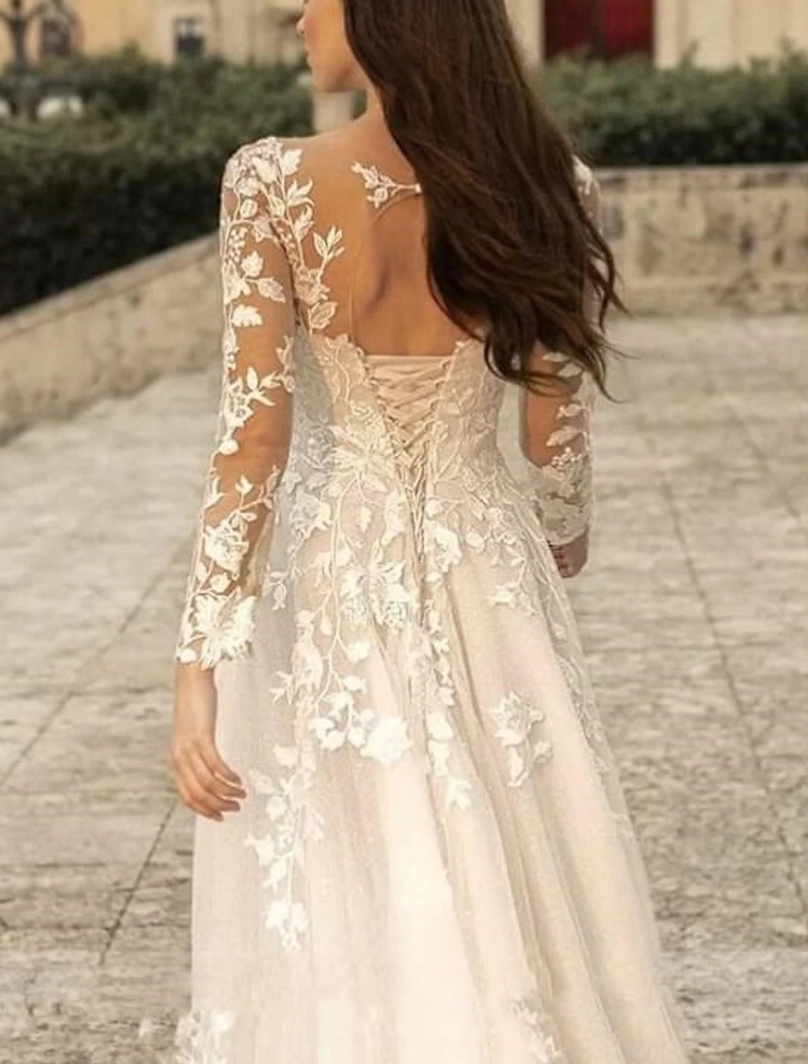 Beach Formal Wedding Dresses A-Line V Neck Long Sleeve Sweep / Brush Train Lace Bridal Gowns With Flower Solid Color