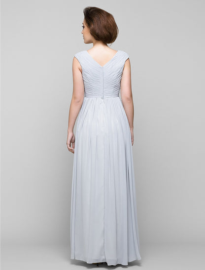 A-Line Mother of the Bride Dress Elegant V Neck Floor Length Chiffon Sleeveless with Criss Cross Beading