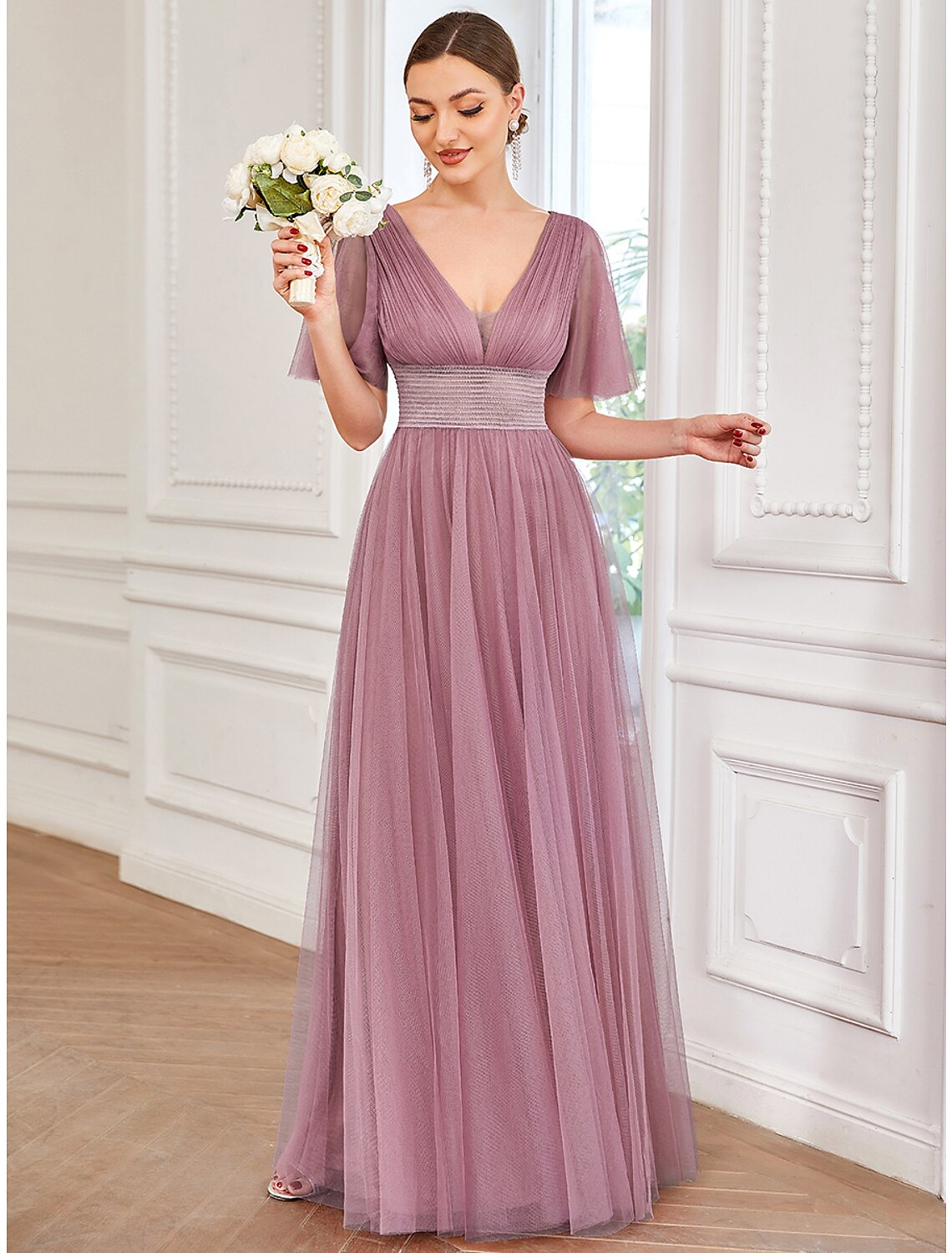 A-Line Bridesmaid Dress V Neck Short Sleeve Plus Size Floor Length Tulle with Ruffles / Draping / Tier