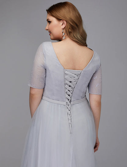 A-Line Elegant Dress Wedding Guest Cocktail Party Tea Length Short Sleeve V Neck Lace Lace-up with Sash / Ribbon