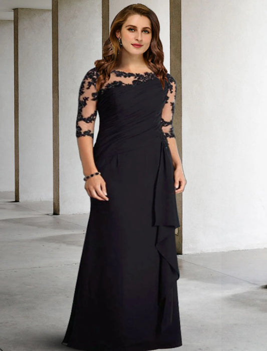 A-Line Mother of the Bride Dresses Plus Size Hide Belly Curve Elegant Fall Wedding Guest Dress Formal Floor Length Half Sleeve Jewel Neck Chiffon with Pleats Ruched Appliques