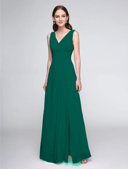 Sheath / Column Bridesmaid Dress V Neck Sleeveless Elegant Floor Length Chiffon with Criss Cross / Ruched