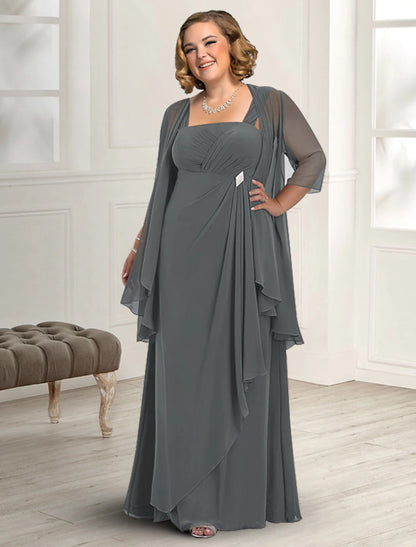 Two Piece A-Line Mother of the Bride Dress Fall Wedding Guest Dresses Plus Size Elegant Square Neck Floor Length Chiffon Sleeveless Jacket Dresses with Pleats