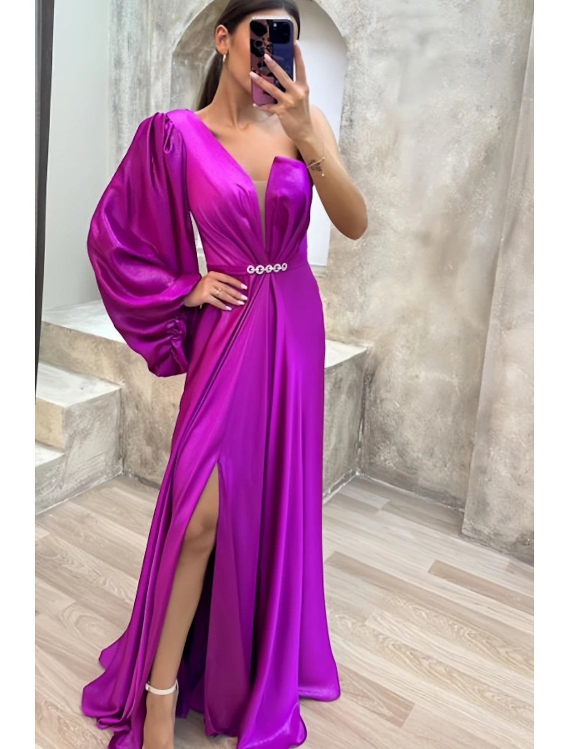 A-Line Evening Gown High Split Dress Formal Fall Sweep / Brush Train Long Sleeve One Shoulder Satin with Pleats Crystals Slit