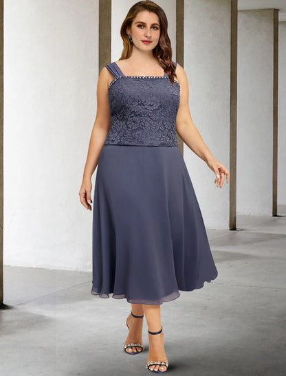 Two Piece A-Line Mother of the Bride Dresses Plus Size Hide Belly Curve Elegant Dress Formal Tea Length Sleeveless Square Neck Chiffon with Beading