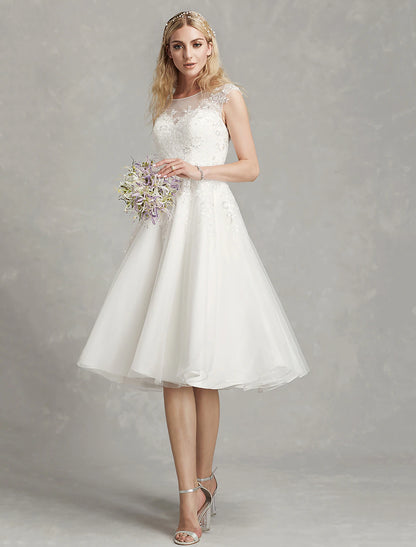 Reception Little White Dresses Wedding Dresses A-Line Illusion Neck Cap Sleeve Knee Length Lace Bridal Gowns With Appliques