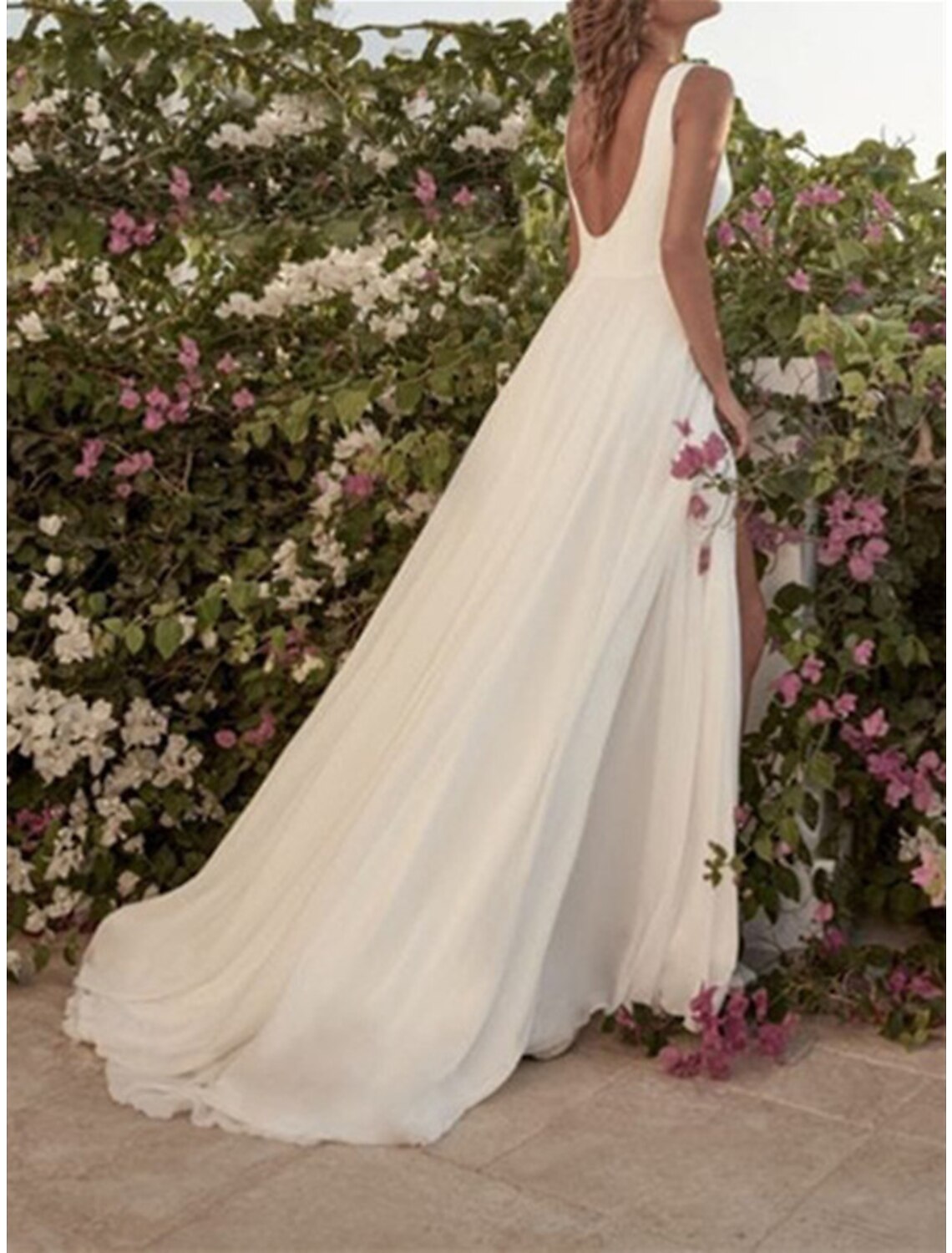 Hall Casual Wedding Dresses A-Line Scoop Neck Sleeveless Floor Length Chiffon Bridal Gowns With Split Front