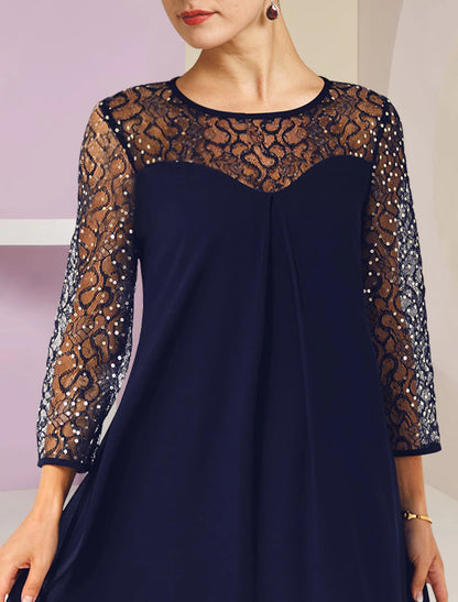 A-Line Mother of the Bride Dress Formal Wedding Guest Elegant Scoop Neck Knee Length Lace 3/4 Length Sleeve with Sequin