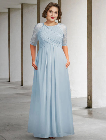 A-Line Mother of the Bride Dress Plus Size Elegant Jewel Neck Floor Length Chiffon Lace Half Sleeve with Pleats Ruched Appliques