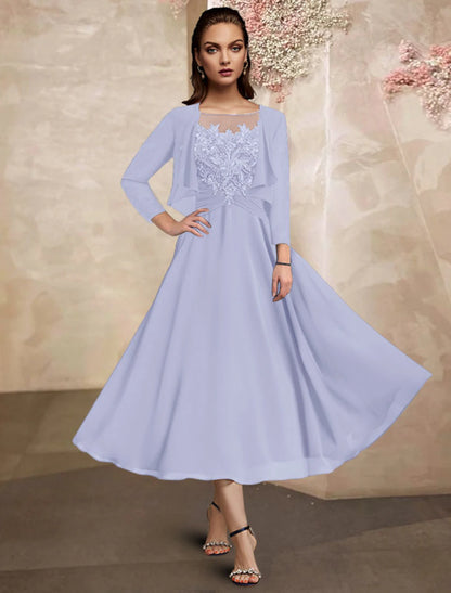 Two Piece A-Line Mother of the Bride Dress Plus Size Elegant Jewel Neck Tea Length Chiffon Lace Half Sleeve Wrap Included with Ruched Sequin Ruffles