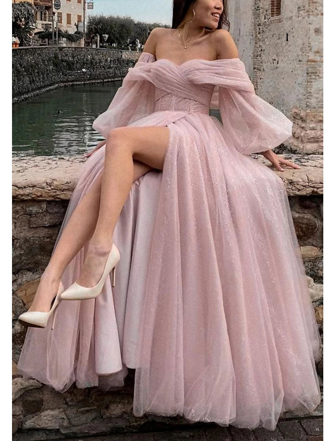 A-Line Prom Dresses Corsets Dress Formal Wedding Party Floor Length Long Sleeve Off Shoulder Tulle with Glitter Ruched