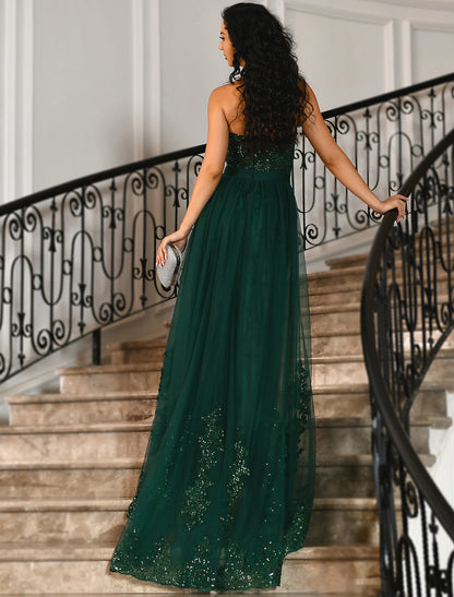 Mermaid / Trumpet Prom Dresses Emerald Green Dress Christmas Formal Evening Court Train Sleeveless Strapless Tulle with Slit Appliques