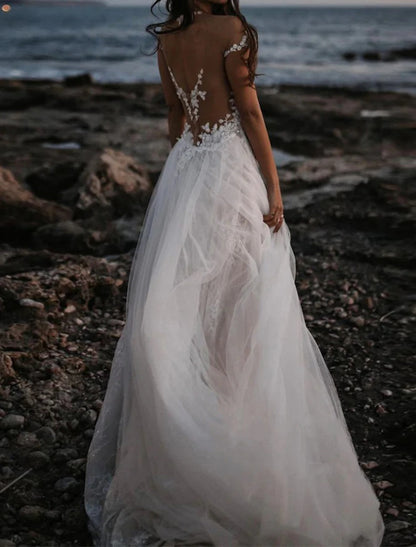 Beach Open Back Boho Wedding Dresses A-Line Off Shoulder Cap Sleeve Court Train Lace Bridal Gowns With Appliques Solid Color Summer Fall Wedding Party