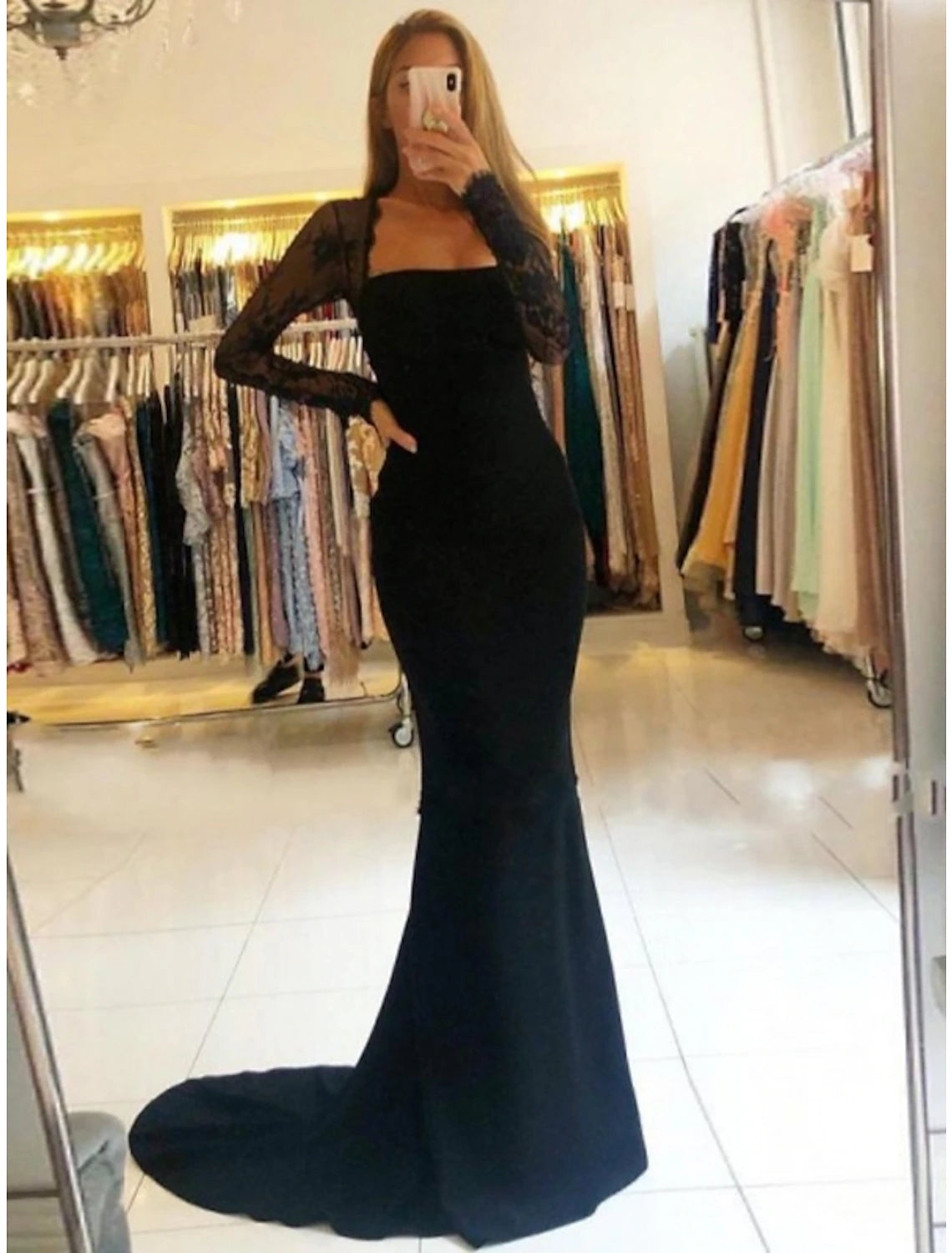 Mermaid / Trumpet Prom Dresses Open Back Dress Formal Prom Court Train Long Sleeve Strapless Stretch Fabric Backless with Beading Appliques