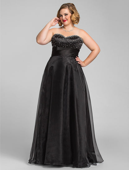 A-Line Black Dress Prom Formal Evening Floor Length Sleeveless Sweetheart Organza with Ruched Beading