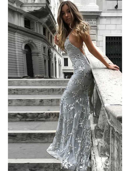 Mermaid / Trumpet Prom Dresses Sparkle & Shine Dress Formal Wedding Guest Sweep / Brush Train Sleeveless V Neck Lace with Sequin