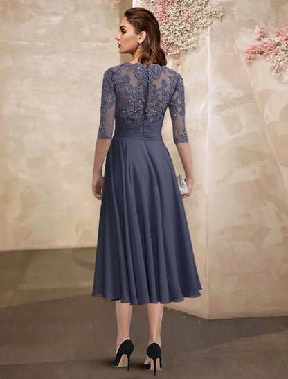 A-Line Mother of the Bride Dress Wedding Guest Plus Size Elegant Jewel Neck Tea Length Chiffon Lace Half Sleeve with Ruched Beading Appliques Fall